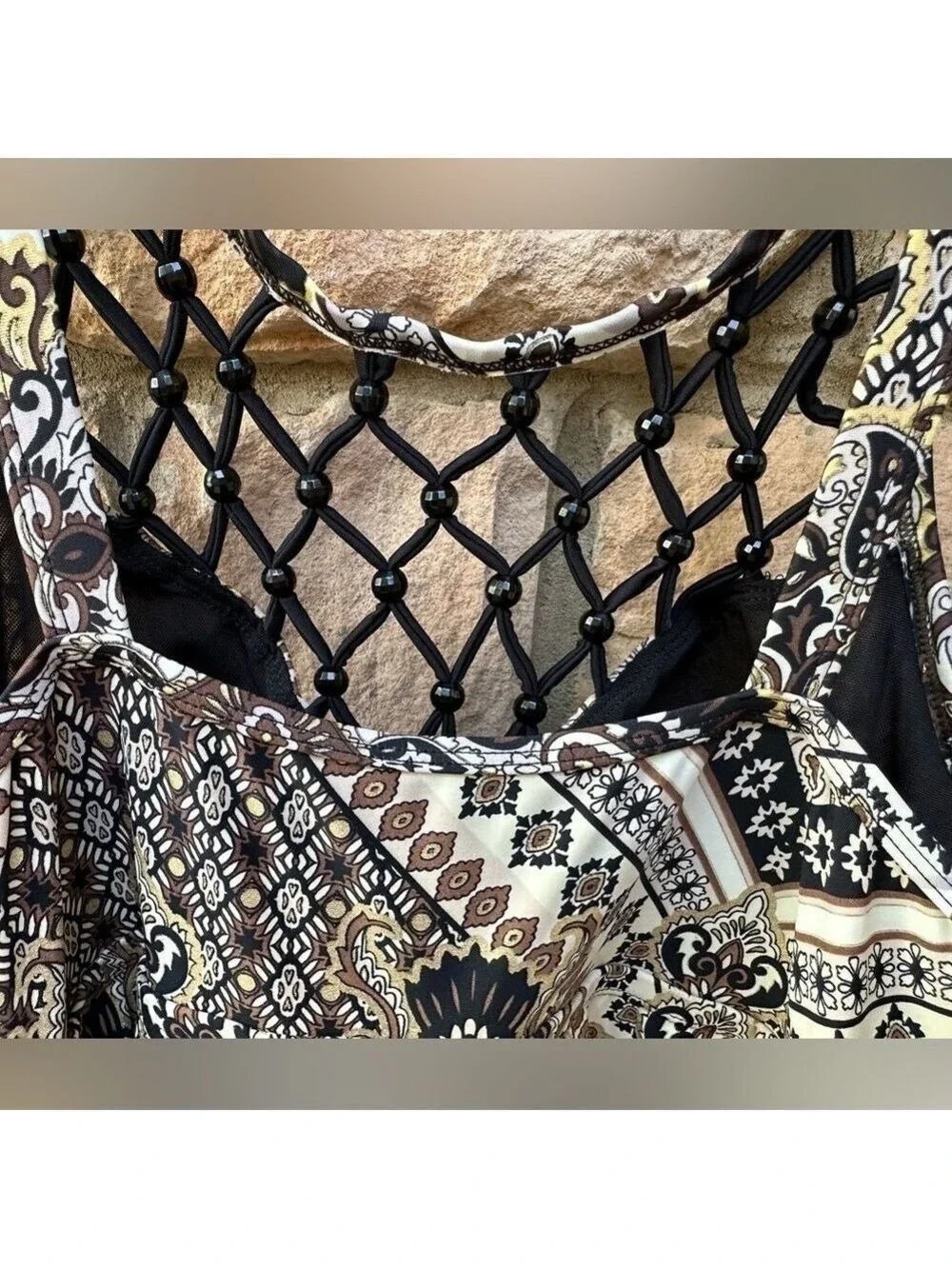 Swimsuits For All - Beaded Macrame Swim Dress One Piece V Neckline Almost New 18
